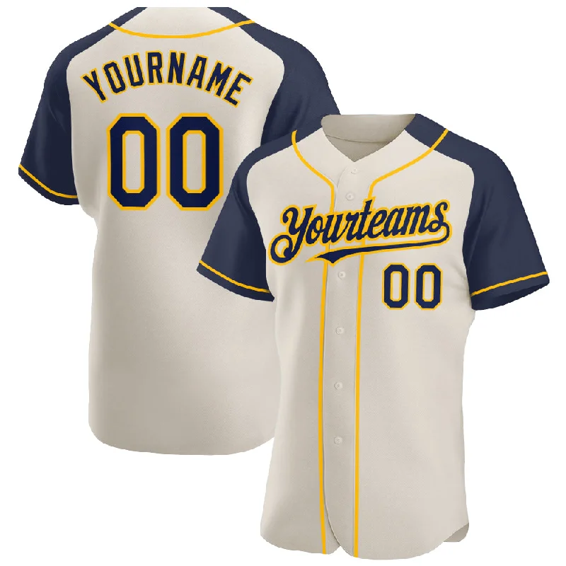 Baseball Jersey for Major League Fans-Custom Cream Navy-Gold Authentic Raglan Sleeves Baseball Jersey