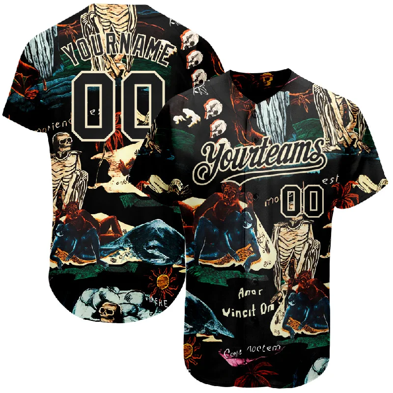 Baseball Jersey for Game Day Comfort-Custom Black Cream 3D Tropical Plant And Skull Fashion Authentic Baseball Jersey