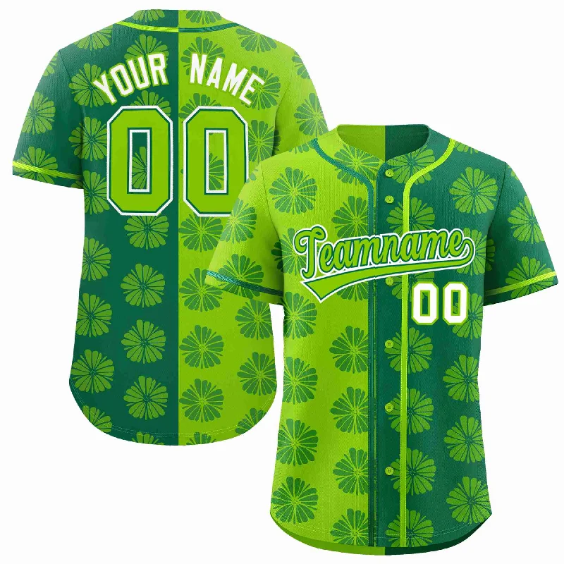 Baseball Jersey for Custom Designs and Graphics-Custom Neon Green Kelly Green Split Fashion Flower Graffiti Pattern Authentic Baseball Jersey