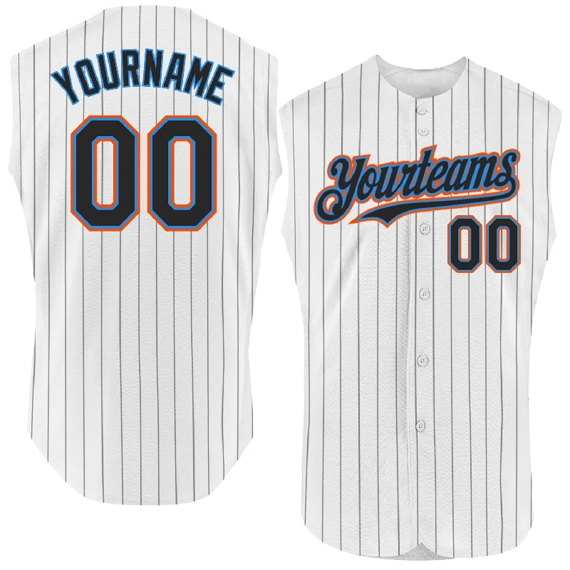 Baseball Jersey for Casual Game Day Gear-Custom White Black Pinstripe Electric Blue-Orange Authentic Sleeveless Baseball Jersey