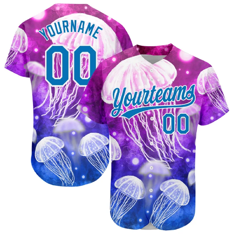 Baseball Jersey for Comfortable Fit-Custom Purple Blue-White 3D Pattern Design Jellyfish Authentic Baseball Jersey