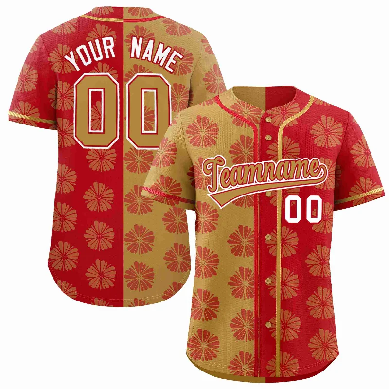 Baseball Jersey for School Uniforms and Teams-Custom Old Gold Red Split Fashion Flower Graffiti Pattern Authentic Baseball Jersey