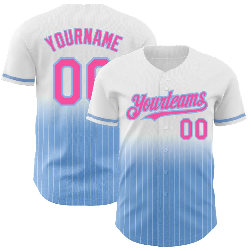 Baseball Jersey for High-School Sports Apparel-Custom White Pinstripe Pink-Light Blue Authentic Fade Fashion Baseball Jersey