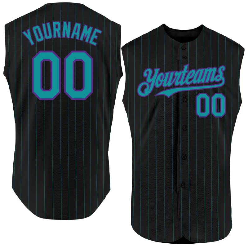 Baseball Jersey for School Uniforms and Teams-Custom Black Teal Pinstripe Purple Authentic Sleeveless Baseball Jersey