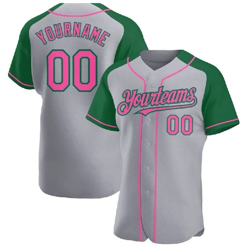 Baseball Jersey for Durable, Lightweight Material-Custom Gray Pink-Kelly Green Authentic Raglan Sleeves Baseball Jersey