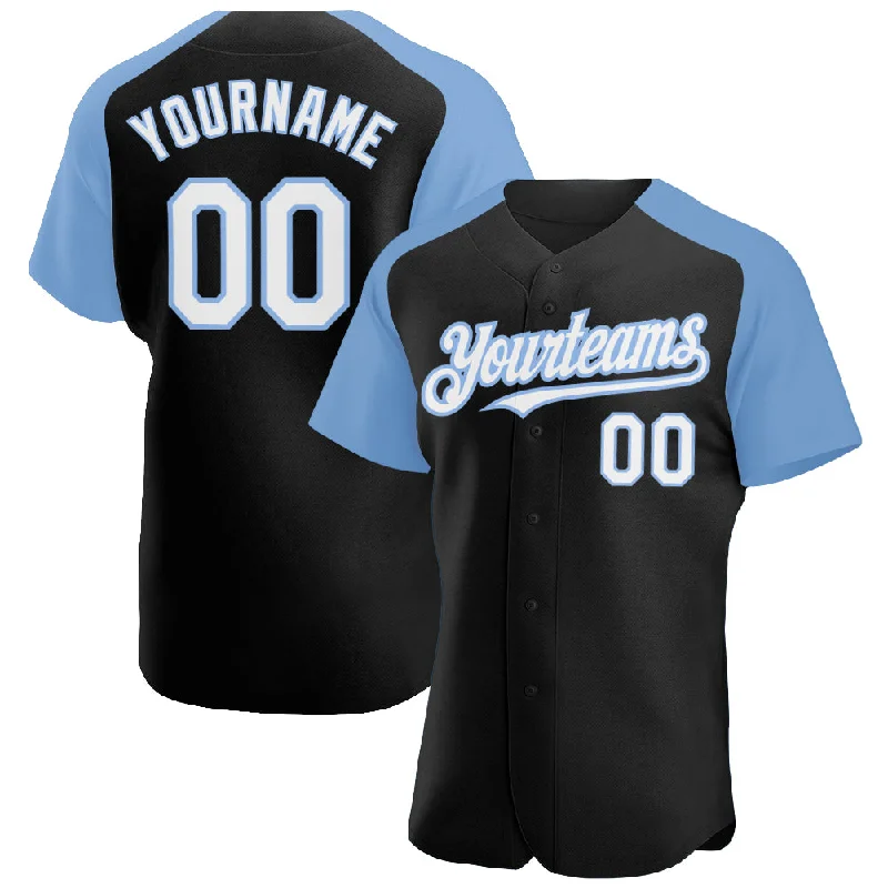 Baseball Jersey for Comfortable and Soft Team Jerseys-Custom Black White-Light Blue Authentic Raglan Sleeves Baseball Jersey