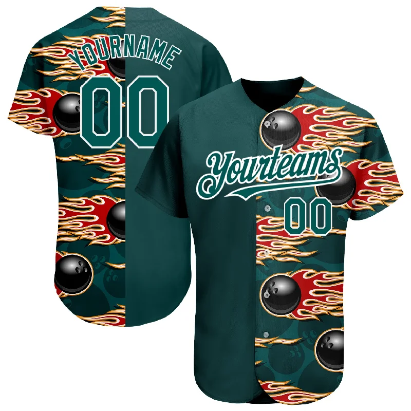 Baseball Jersey for Lightweight Comfort-Custom Midnight Green White 3D Pattern Design Bowling Ball With Hotrod Flame Authentic Baseball Jersey