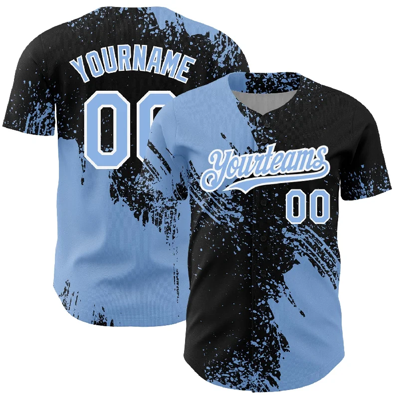 Baseball Jersey for Personalized Team Jerseys-Custom Black Light Blue-White 3D Pattern Design Abstract Brush Stroke Authentic Baseball Jersey