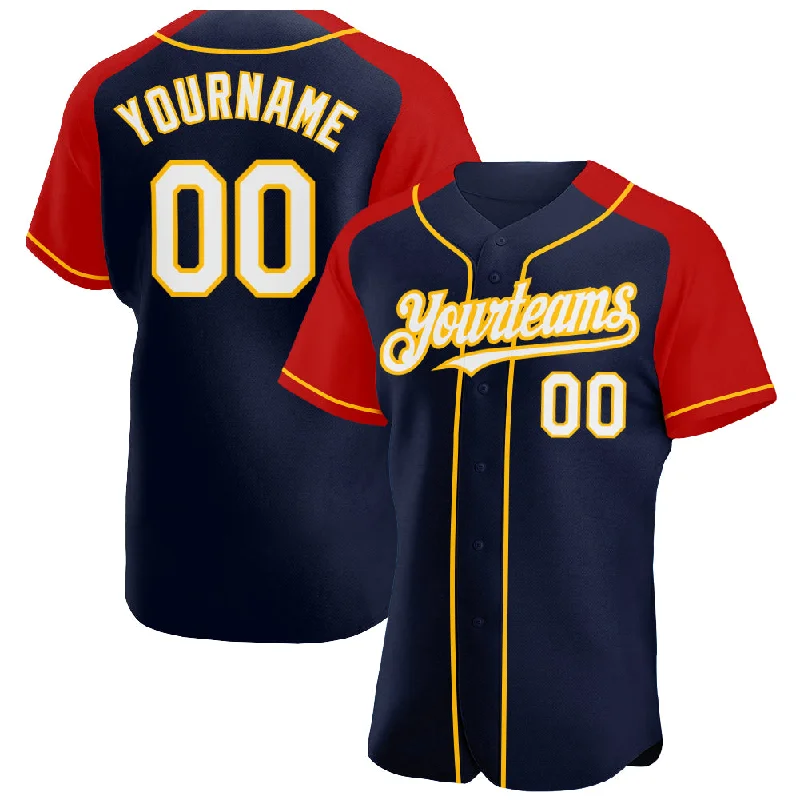 Baseball Jersey for Sporty Casual Wear-Custom Navy White Red-Gold Authentic Raglan Sleeves Baseball Jersey