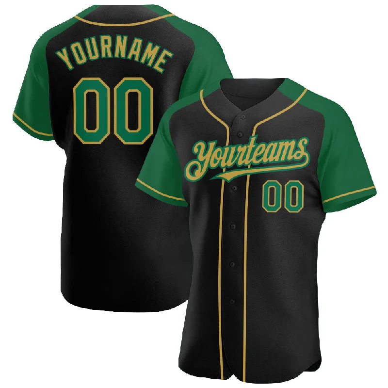 Baseball Jersey for Unique Fan Gear-Custom Black Kelly Green-Old Gold Authentic Raglan Sleeves Baseball Jersey