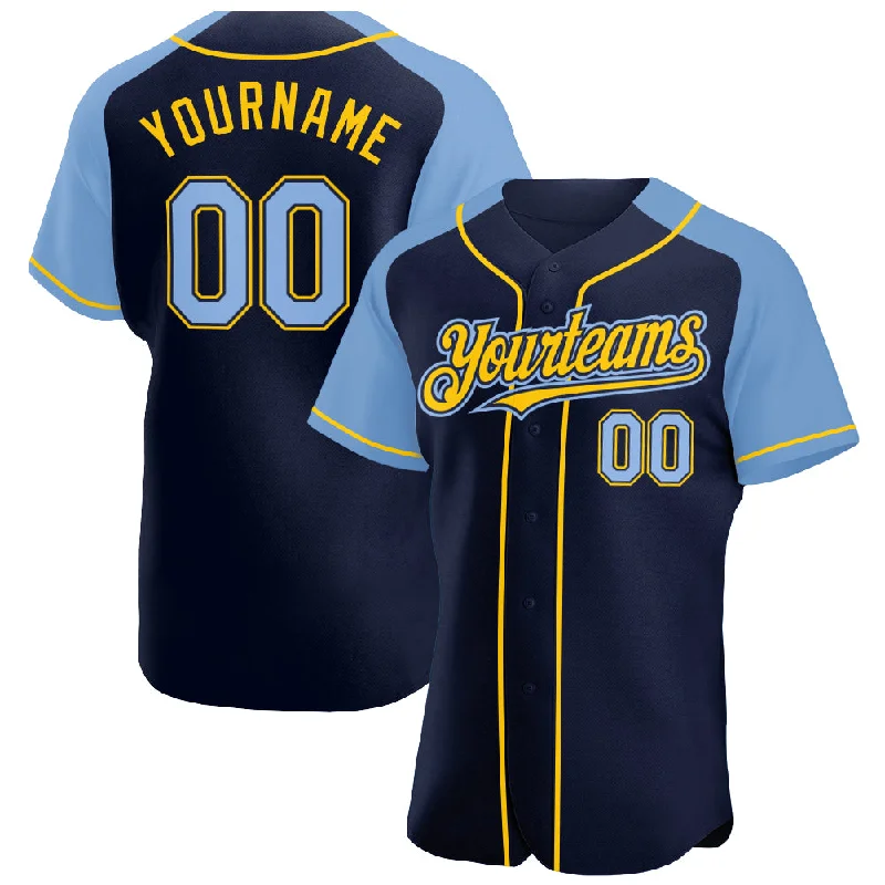 Baseball Jersey for Custom Logos-Custom Navy Light Blue-Yellow Authentic Raglan Sleeves Baseball Jersey