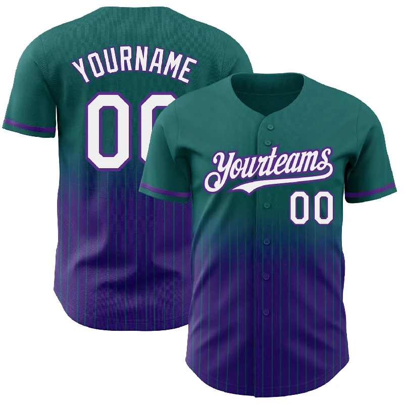 Baseball Jersey for Premium Custom Player Jerseys-Custom Teal Pinstripe White-Purple Authentic Fade Fashion Baseball Jersey