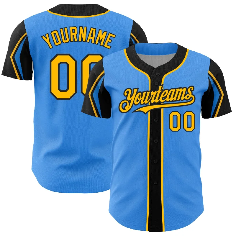 Baseball Jersey for Sports League Uniforms-Custom Electric Blue Gold-Black 3 Colors Arm Shapes Authentic Baseball Jersey