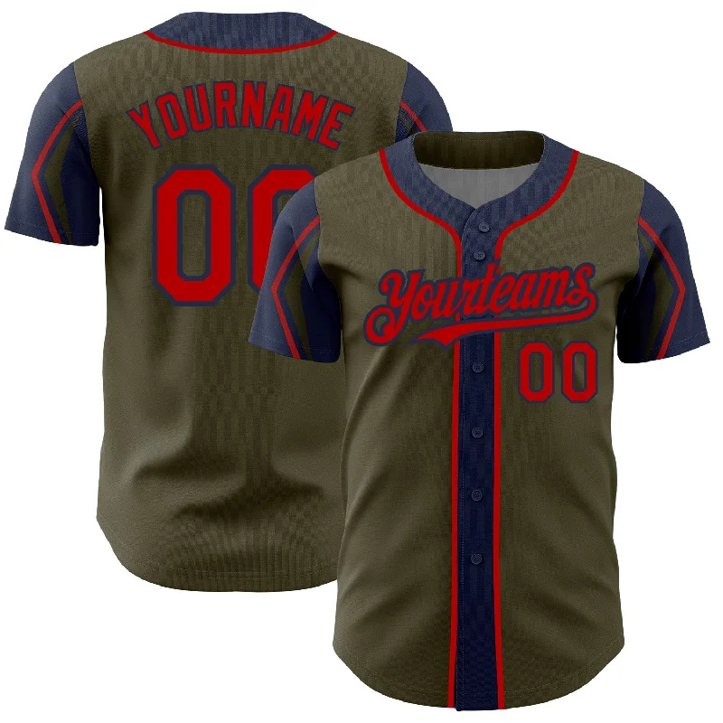 Baseball Jersey for Comfortable Fit-Custom Olive Red-Navy 3 Colors Arm Shapes Authentic Salute To Service Baseball Jersey