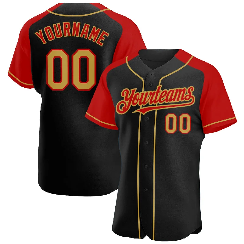 Baseball Jersey for Casual Wear-Custom Black Old Gold-Red Authentic Raglan Sleeves Baseball Jersey