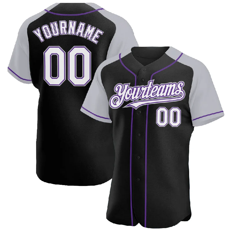 Baseball Jersey for Lightweight Cotton Design-Custom Black White Gray-Purple Authentic Raglan Sleeves Baseball Jersey