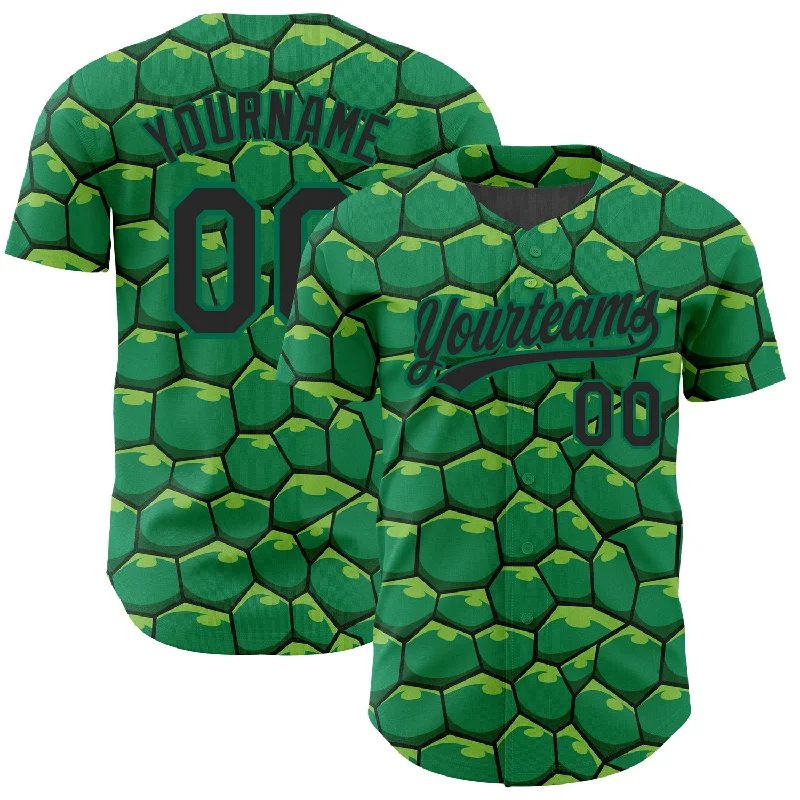 Baseball Jersey for Soft and Stretchy Material-Custom Kelly Green Black 3D Pattern Design Turtle Shell Authentic Baseball Jersey