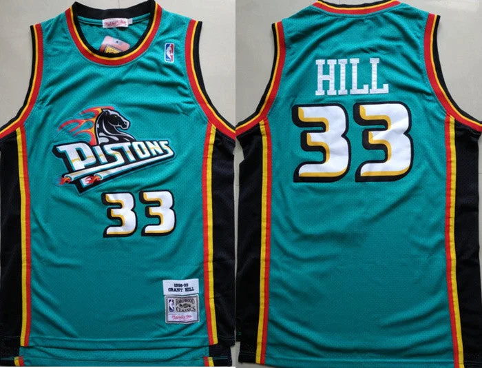 Basketball Jersey for Professional-Level Fit-Pistons 33 Grant Hill Teal 1998-99 Hardwood Classics Basketball Jersey