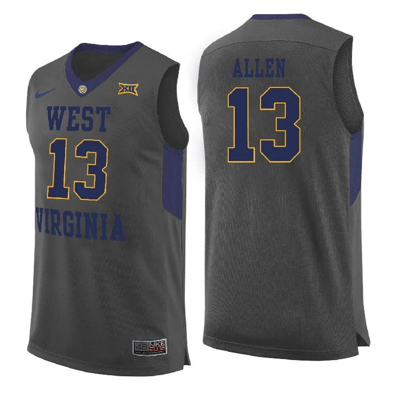 Basketball Jersey for Team Uniforms-West Virginia Mountaineers 13 Teddy Allen Gray College Basketball Basketball Jersey