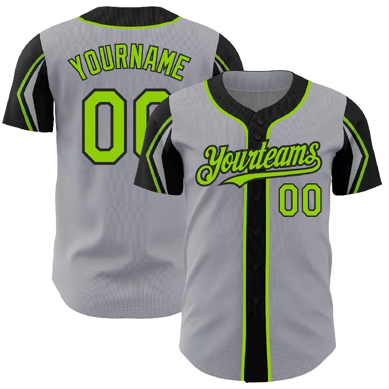 Baseball Jersey for Customizable Player Jerseys-Custom Gray Neon Green-Black 3 Colors Arm Shapes Authentic Baseball Jersey