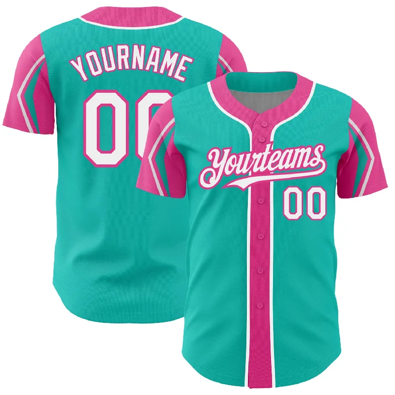 Baseball Jersey for Team Identity Apparel-Custom Aqua White-Pink 3 Colors Arm Shapes Authentic Baseball Jersey