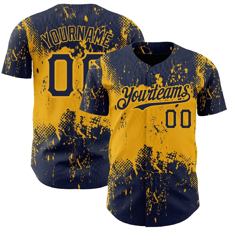 Baseball Jersey for Comfortable Youth Fit-Custom Navy Gold 3D Pattern Design Abstract Splatter Grunge Art Authentic Baseball Jersey