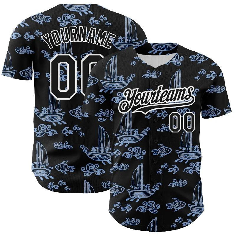 Baseball Jersey for Durable and Breathable Fabric-Custom Black White-Light Blue 3D Pattern Design Boats And Fish Authentic Baseball Jersey