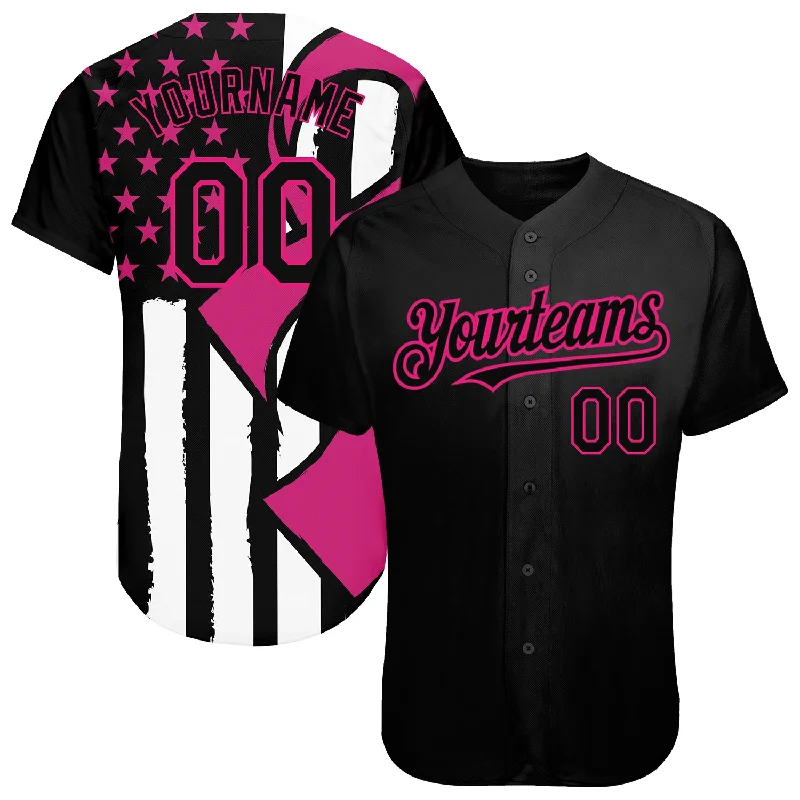 Baseball Jersey for Casual Game Day Gear-Custom Black Hot Pink-White 3D Pink Ribbon Breast Cancer Awareness Month Women Health Care Support Authentic Baseball Jersey