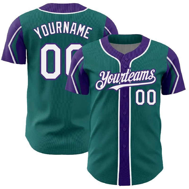 Baseball Jersey for Comfortable Team Apparel-Custom Teal White-Purple 3 Colors Arm Shapes Authentic Baseball Jersey