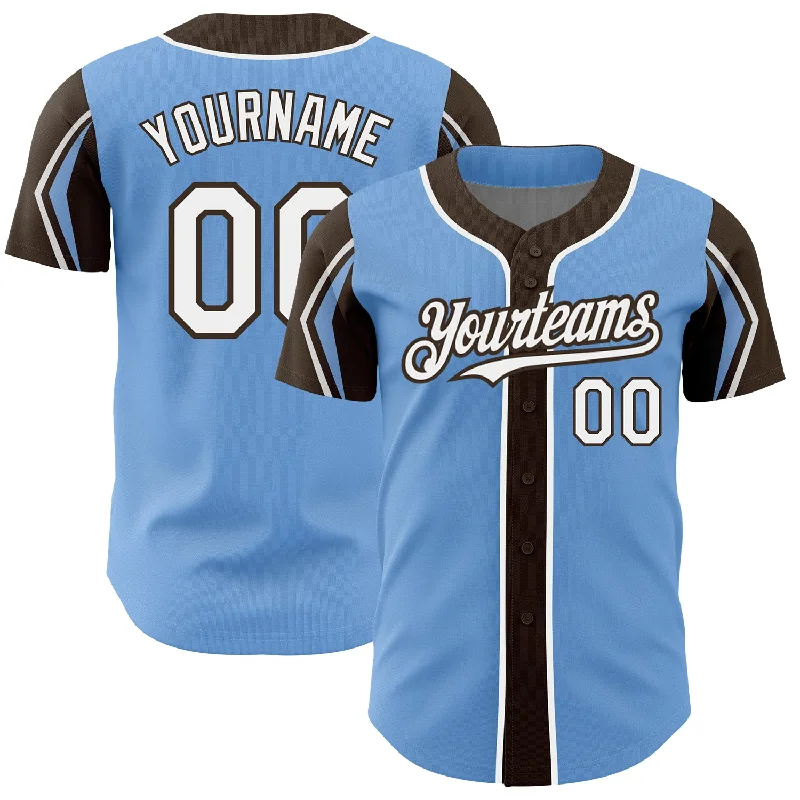 Baseball Jersey for Comfortable Team Fan Gear-Custom Light Blue White-Brown 3 Colors Arm Shapes Authentic Baseball Jersey