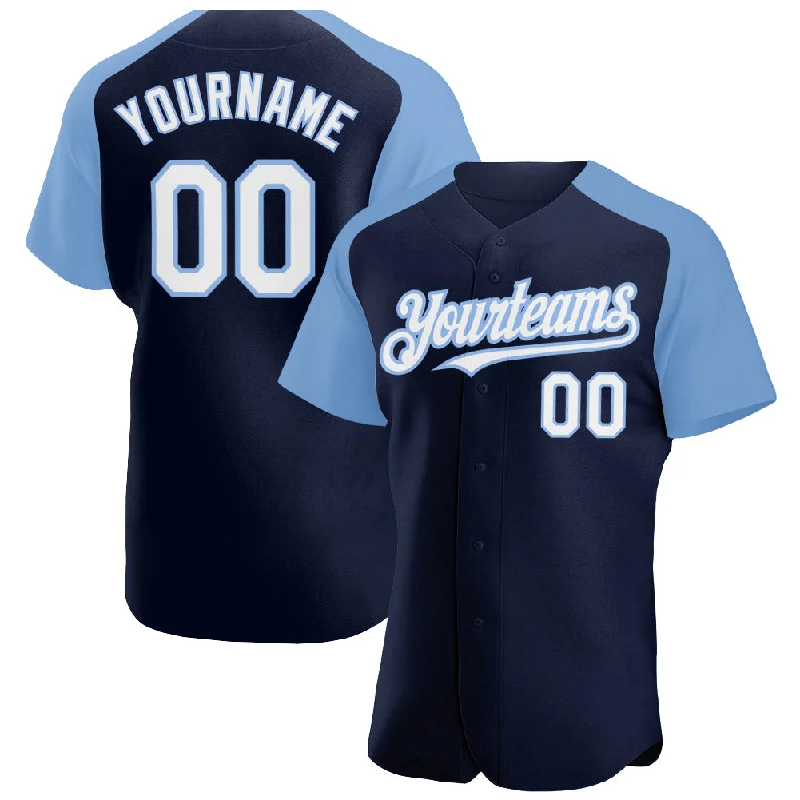 Baseball Jersey for Custom Names and Numbers-Custom Navy White-Light Blue Authentic Raglan Sleeves Baseball Jersey