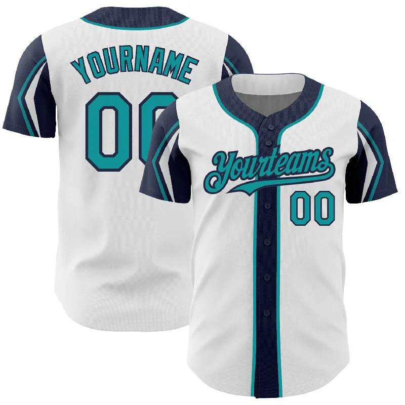 Baseball Jersey for Soft Material Comfort-Custom White Teal-Navy 3 Colors Arm Shapes Authentic Baseball Jersey