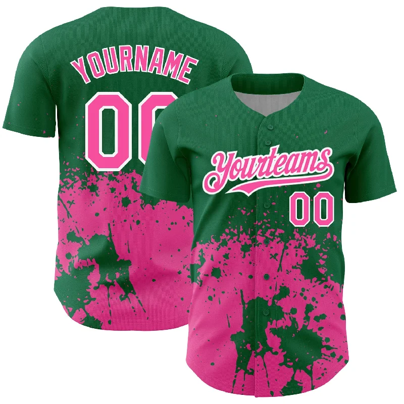 Baseball Jersey for Soft and Stretchy Material-Custom Kelly Green Pink-White 3D Pattern Design Abstract Splash Grunge Art Authentic Baseball Jersey