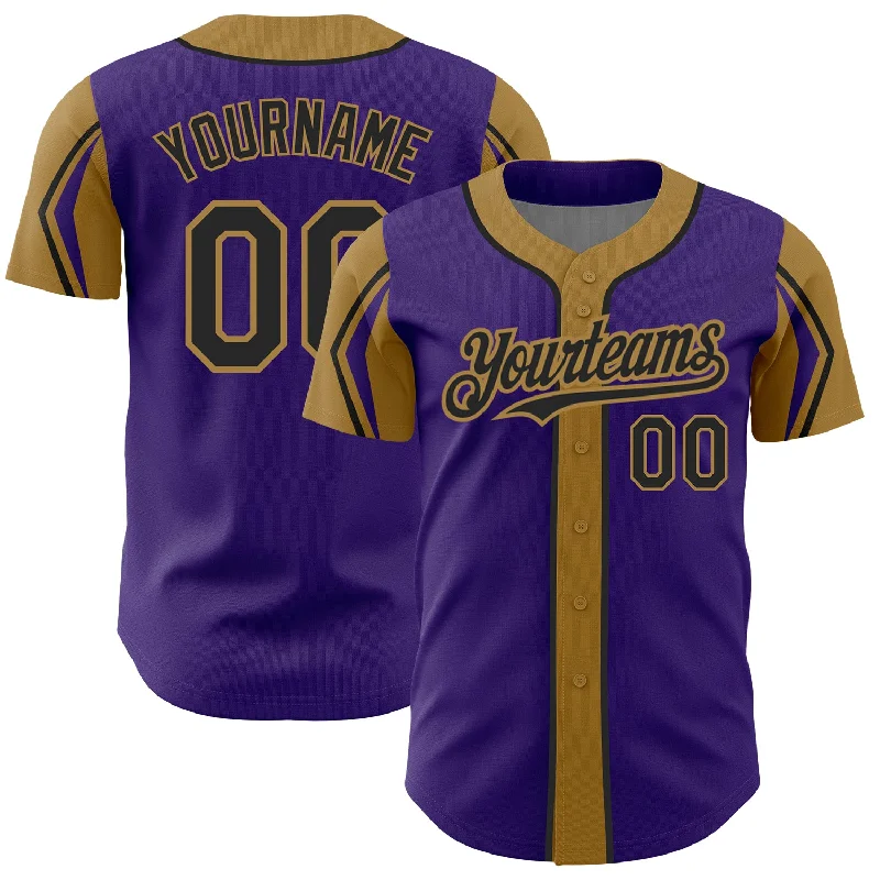 Baseball Jersey for School Baseball Teams-Custom Purple Black-Old Gold 3 Colors Arm Shapes Authentic Baseball Jersey