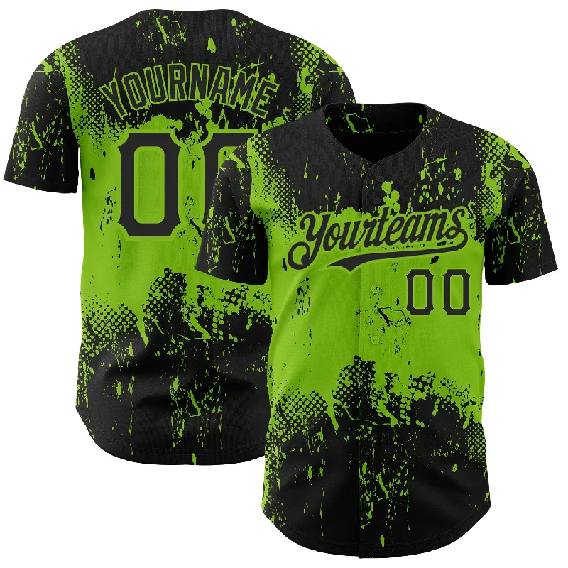 Baseball Jersey for Professional Team Jersey Design-Custom Black Neon Green 3D Pattern Design Abstract Splatter Grunge Art Authentic Baseball Jersey