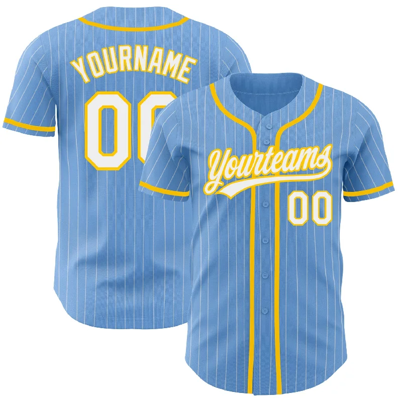 Baseball Jersey for Game Play Apparel-Custom Light Blue White Pinstripe Yellow Authentic Baseball Jersey