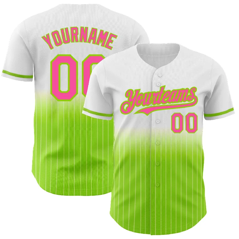 Baseball Jersey for Lightweight Team Gear-Custom White Pinstripe Pink-Neon Green Authentic Fade Fashion Baseball Jersey