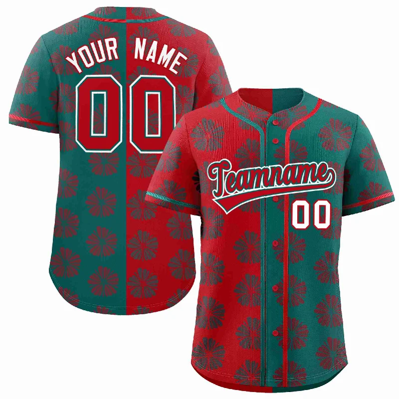 Baseball Jersey for Youth Customization-Custom Red Aqua Split Fashion Flower Graffiti Pattern Authentic Baseball Jersey