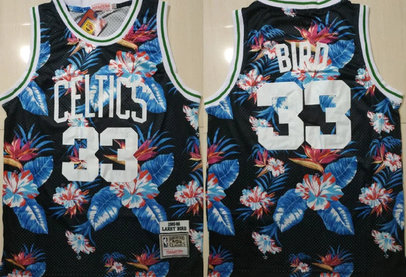 Basketball Jersey for High School Uniforms-Celtics Bape 33 Larry Bird Black 1985-86 Hardwood Classics Floral Fashion Swingman Basketball Jersey