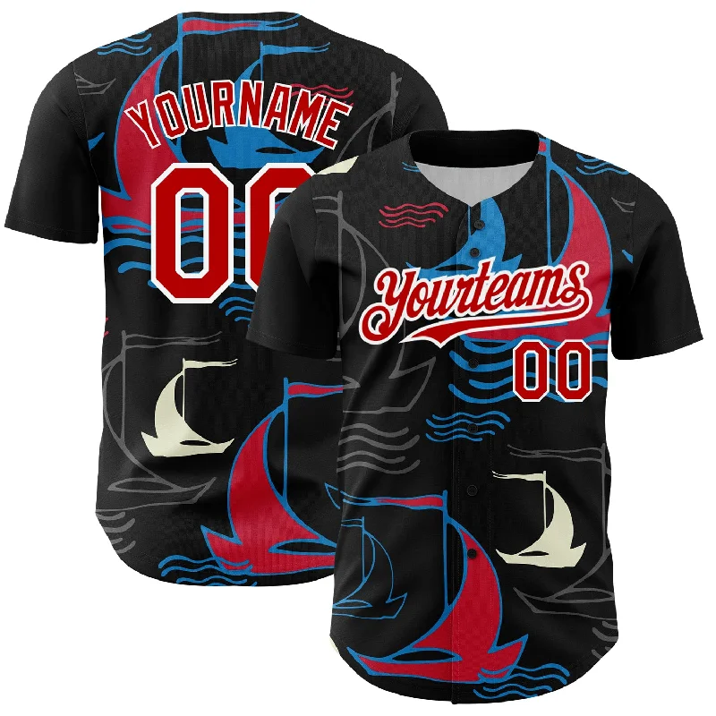 Baseball Jersey for Durable Material-Custom Black Red-White 3D Pattern Design Sailing Boats Authentic Baseball Jersey