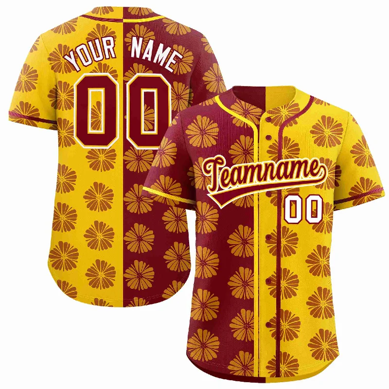 Baseball Jersey for Softball and Baseball Fans-Custom Crimson Gold Split Fashion Flower Graffiti Pattern Authentic Baseball Jersey