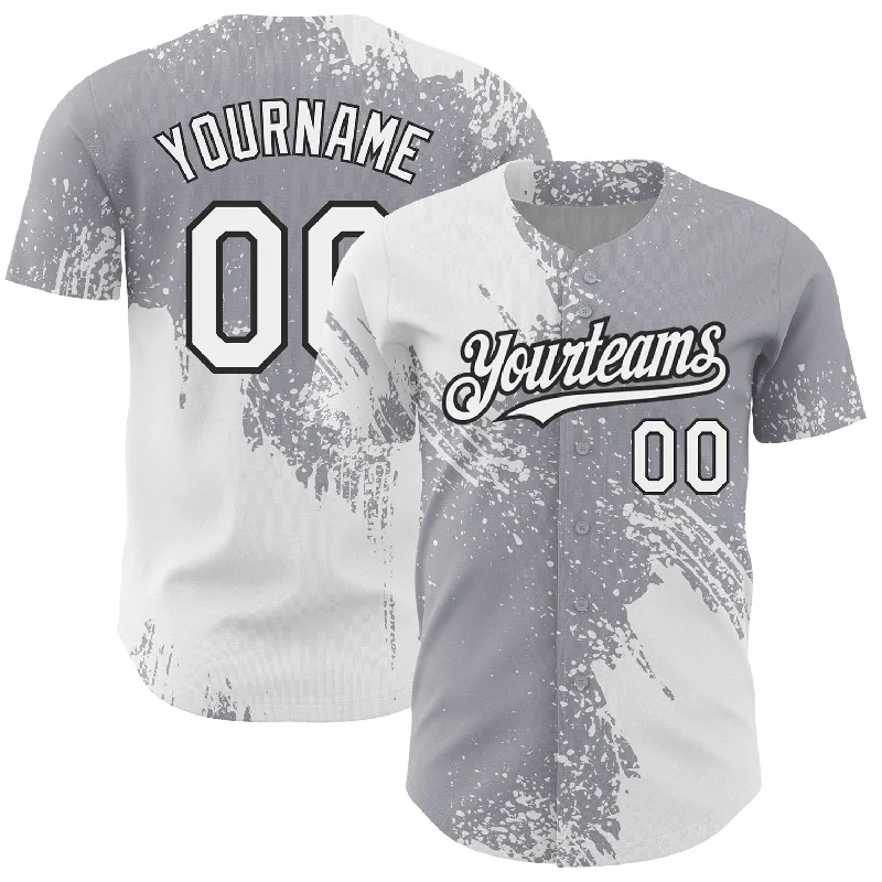 Baseball Jersey for Fast-Pitch Softball-Custom Gray White-Black 3D Pattern Design Abstract Brush Stroke Authentic Baseball Jersey