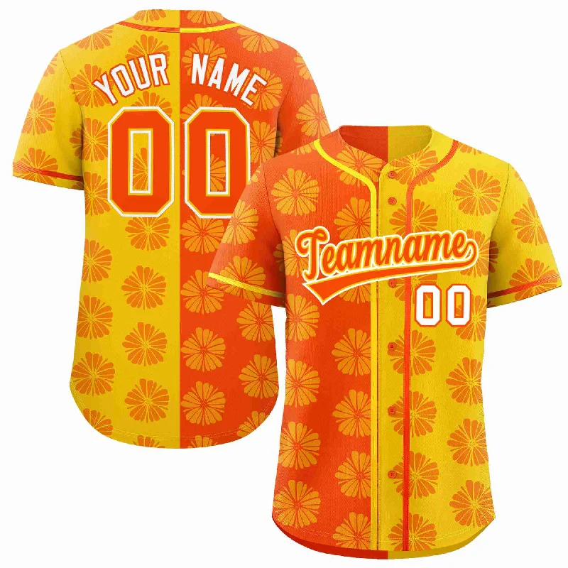 Baseball Jersey for Softball and Baseball Fans-Custom Orange Gold Split Fashion Flower Graffiti Pattern Authentic Baseball Jersey