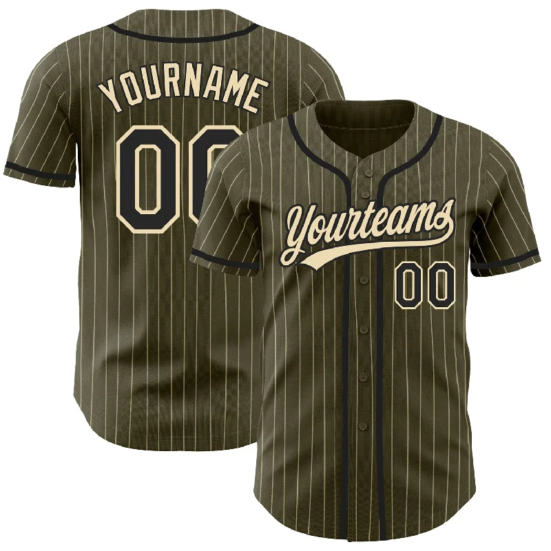 Baseball Jersey for Retro and Vintage Style-Custom Olive City Cream Pinstripe Black Authentic Salute To Service Baseball Jersey