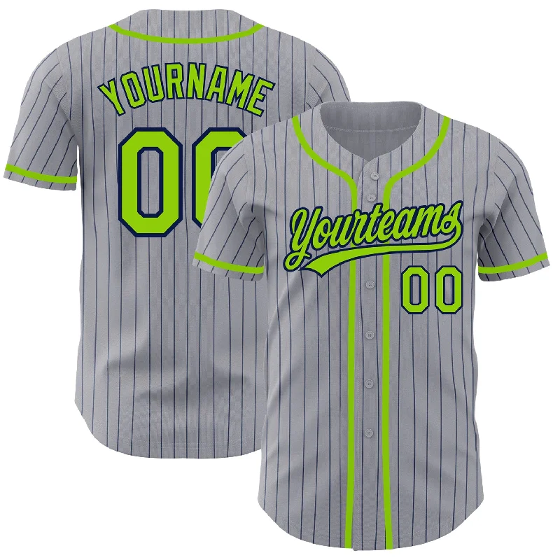 Baseball Jersey for Official Team Branding-Custom Gray Navy Pinstripe Neon Green Authentic Baseball Jersey