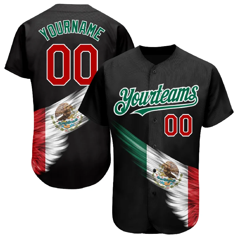 Baseball Jersey for Professional Custom Apparel-Custom Black Red-Kelly Green 3D The Abstract Wing With Mexican Flag Authentic Baseball Jersey