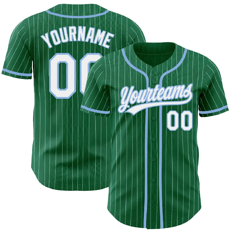 Baseball Jersey for Premium Quality-Custom Kelly Green White Pinstripe Light Blue Authentic Baseball Jersey