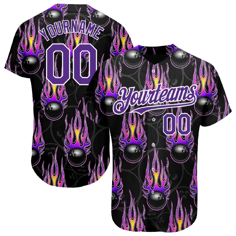 Baseball Jersey for Youth Custom Jerseys-Custom Black Purple-White 3D Pattern Design Bowling Ball With Hotrod Flame Authentic Baseball Jersey