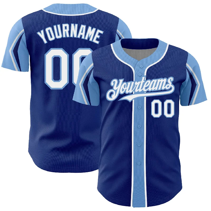 Baseball Jersey for Youth Sports Events-Custom Royal White-Light Blue 3 Colors Arm Shapes Authentic Baseball Jersey