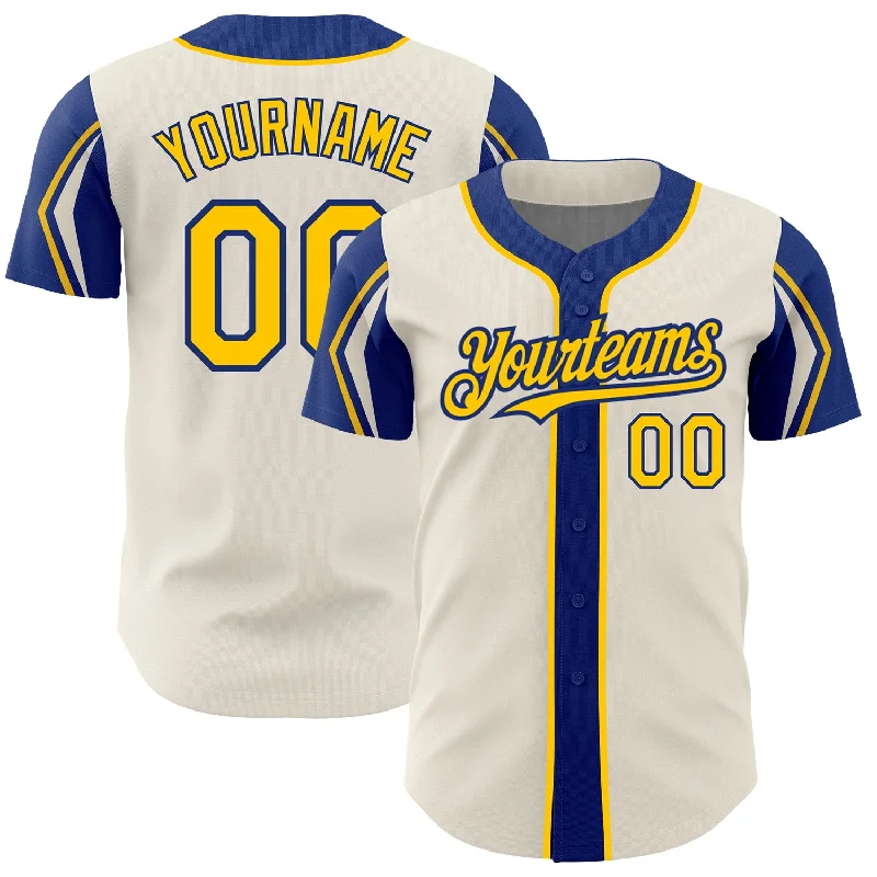 Baseball Jersey for Little League-Custom Cream Yellow-Royal 3 Colors Arm Shapes Authentic Baseball Jersey